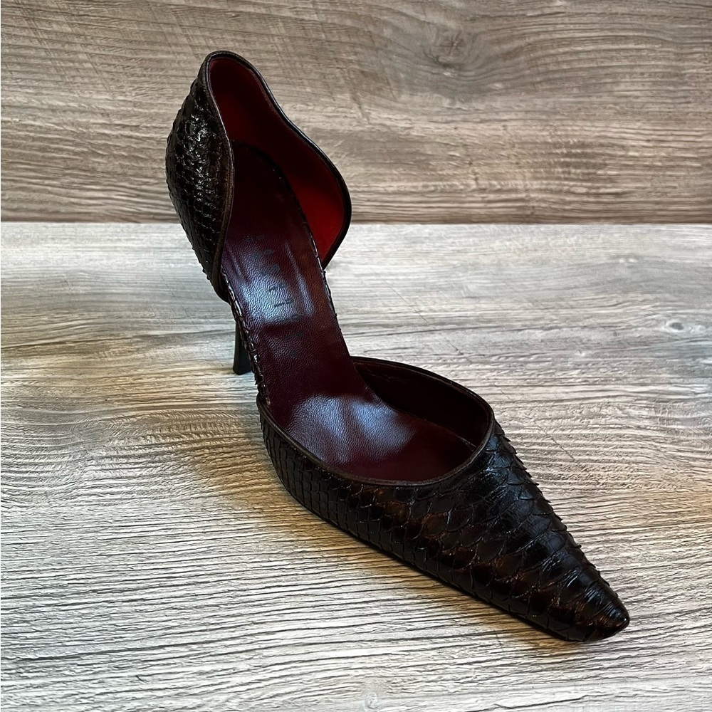 Amazing Edmundo Castillo d’Orsay dark brown leather snake embossed heels size 8
